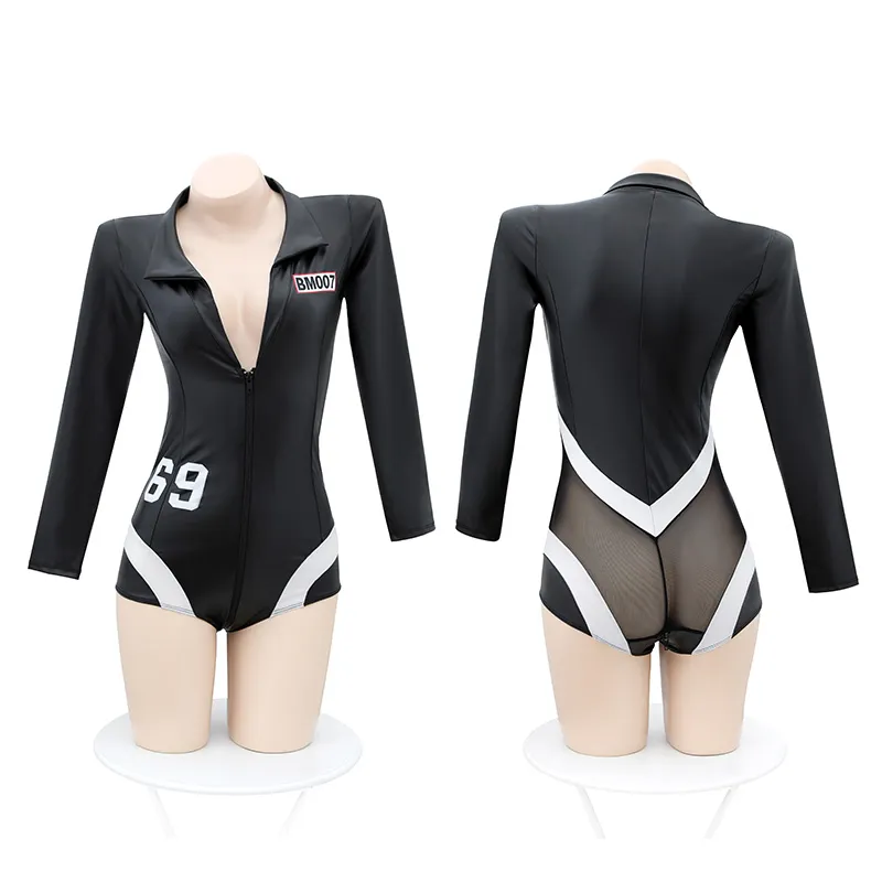 BỘ BODYSUIT DA BÓNG TAY DÀI KHÓA KÉO HỞ ĐÁY GỢI CẢM 6986