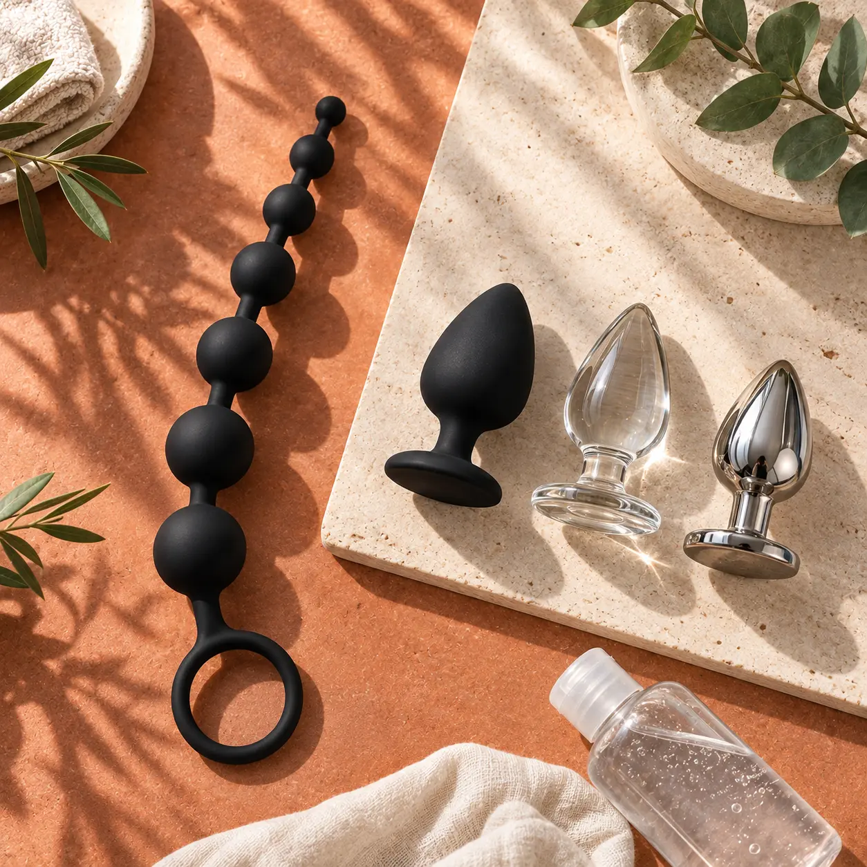 Anal beads butt plug và anal toy đặt cạnh nhau để so sánh kích thước