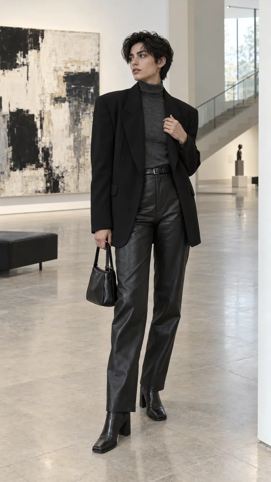 Phong cách androgynous với blazer đen áo cổ lọ quần da và boots