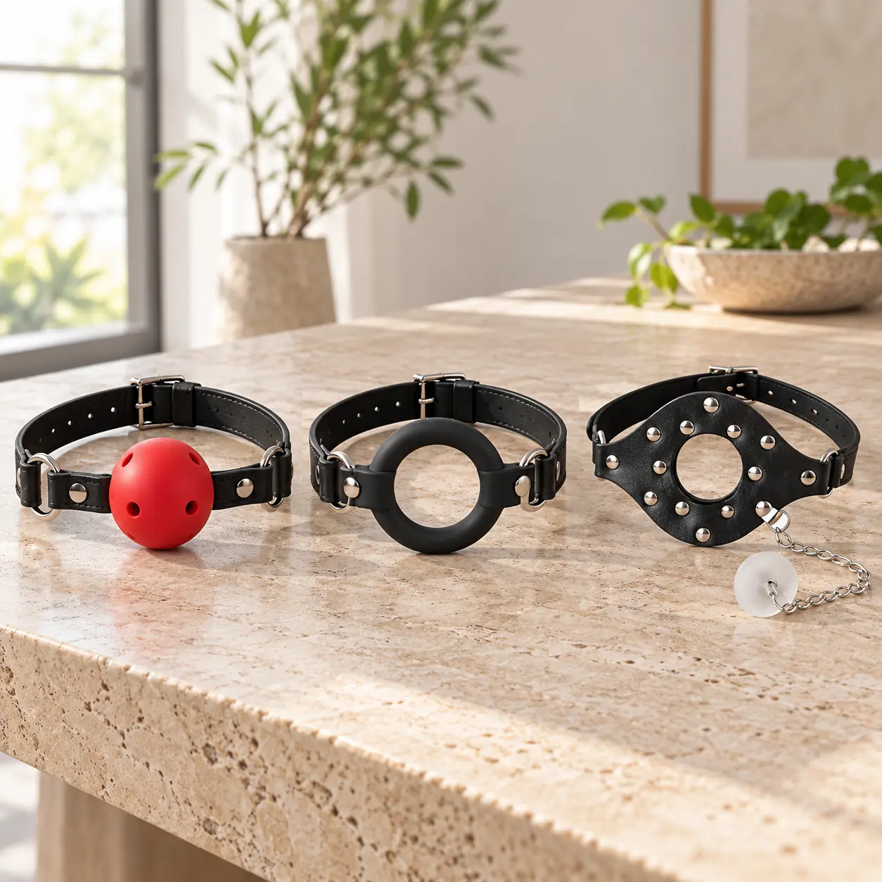 Ball gag ring gag và plug gag đặt cạnh nhau để so sánh cấu tạo
