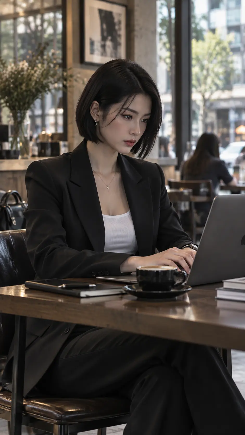 Blazer đen và laptop tại quán cà phê