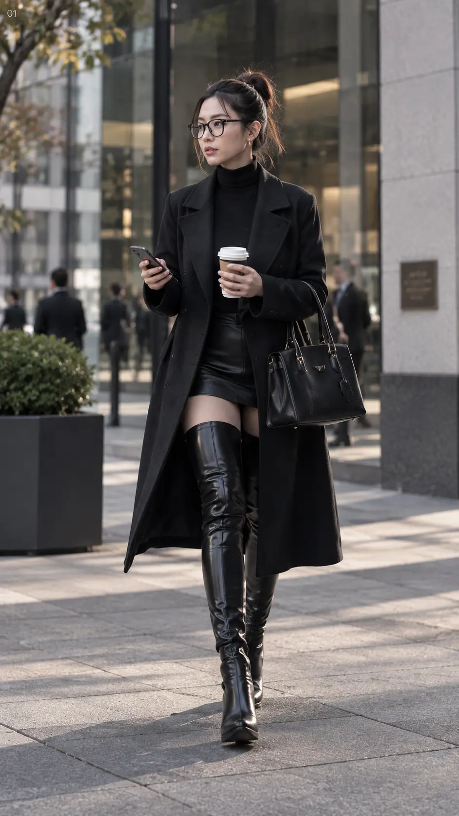 Outfit đen với thigh high boots mang phong thái mạnh