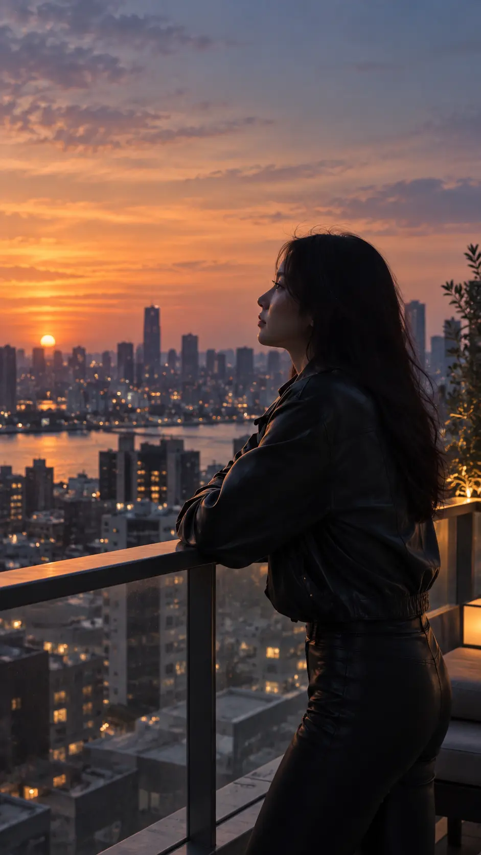 Trang phục da đen trên ban công lúc hoàng hôn