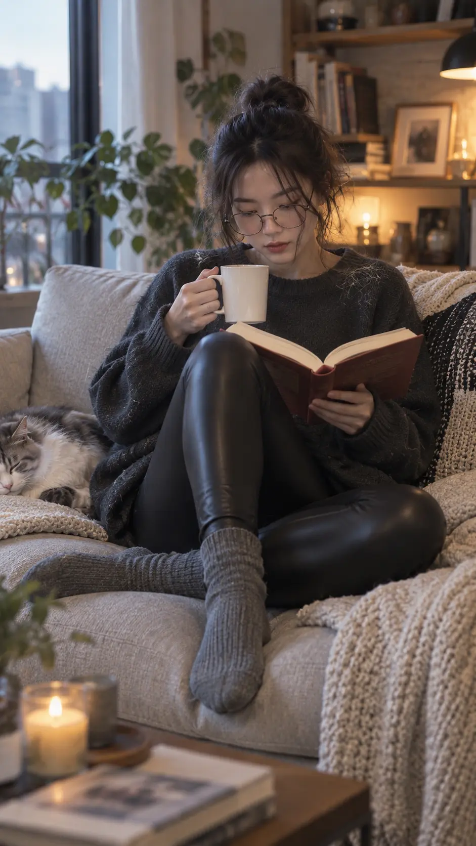 Sweater rộng và quần đen khi đọc sách tại nhà