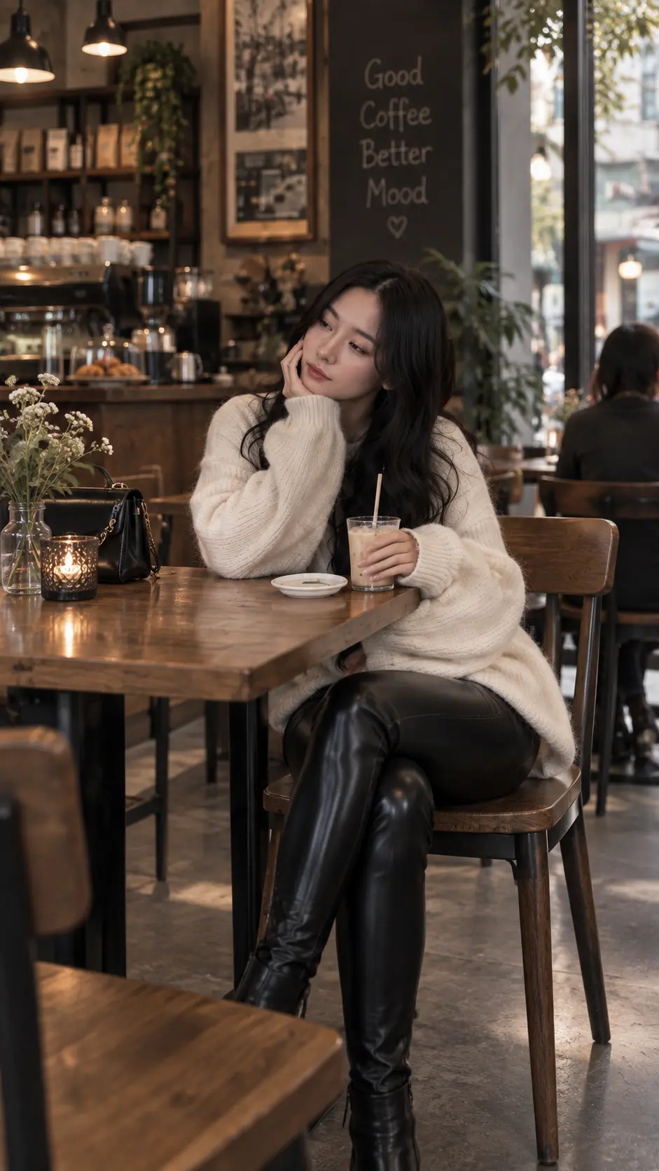 Sweater sáng và quần đen tại quán cà phê