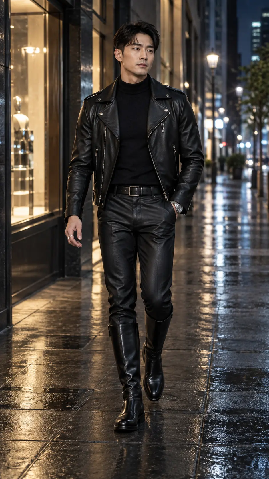 Nam giới mặc leather jacket và boots đen trong boots fetish fashion