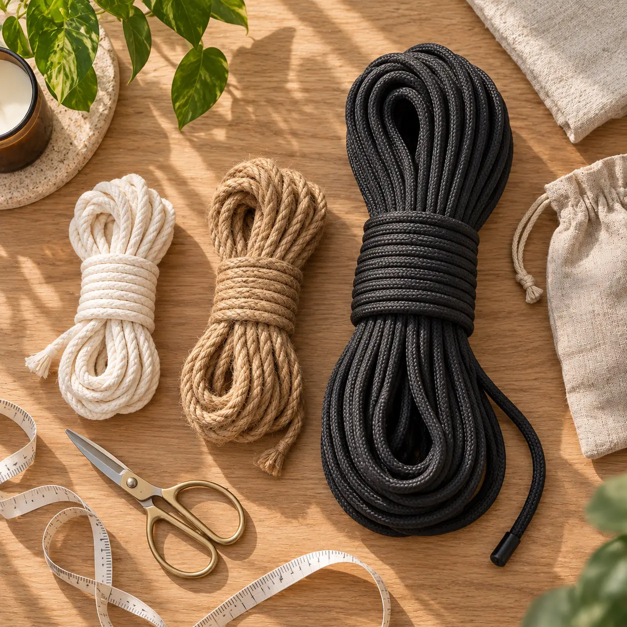 Dây bondage 5m 10m và 20m bằng nhiều chất liệu đặt cạnh nhau để so sánh