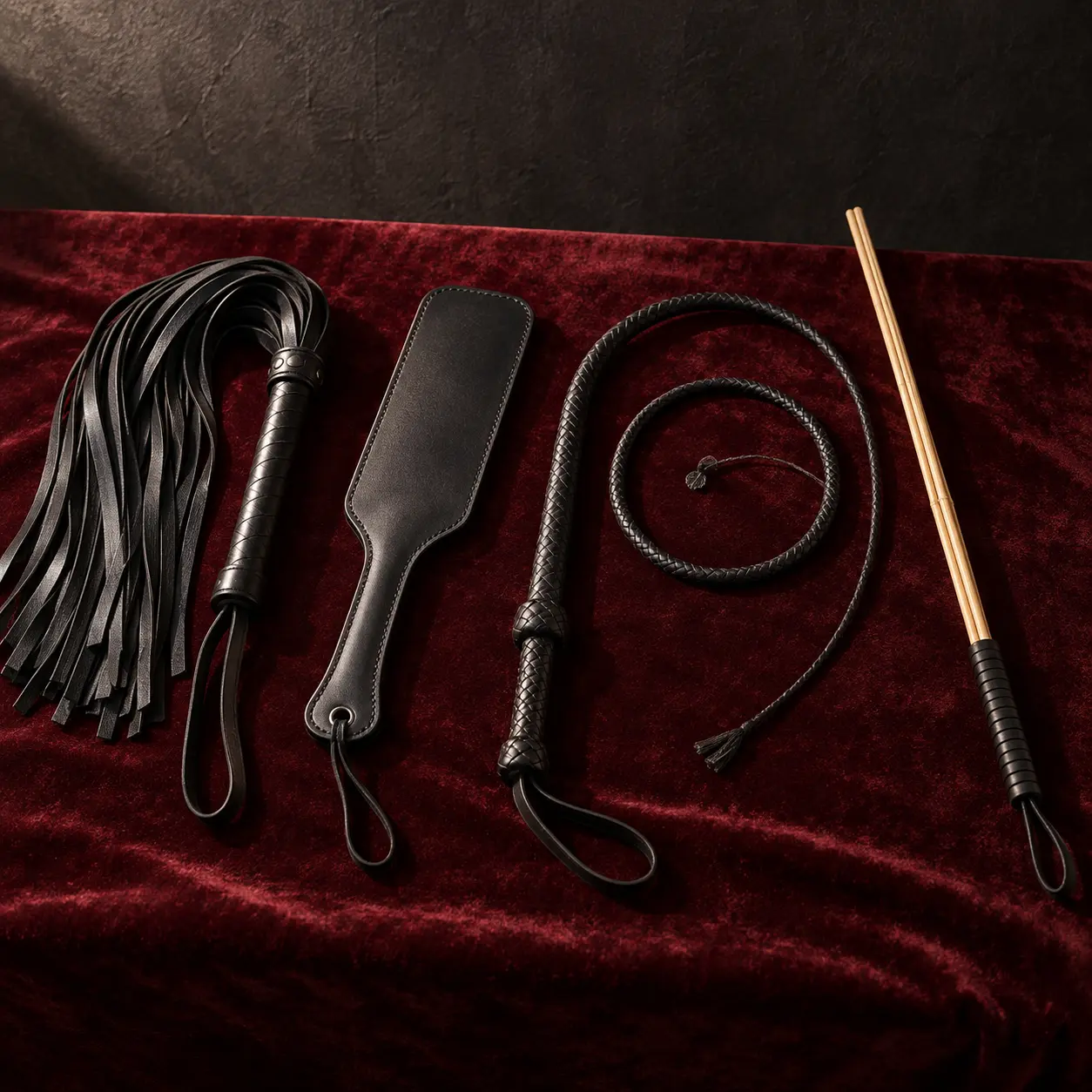 Flogger paddle BDSM whip BDSM và cane BDSM đặt cạnh nhau để so sánh