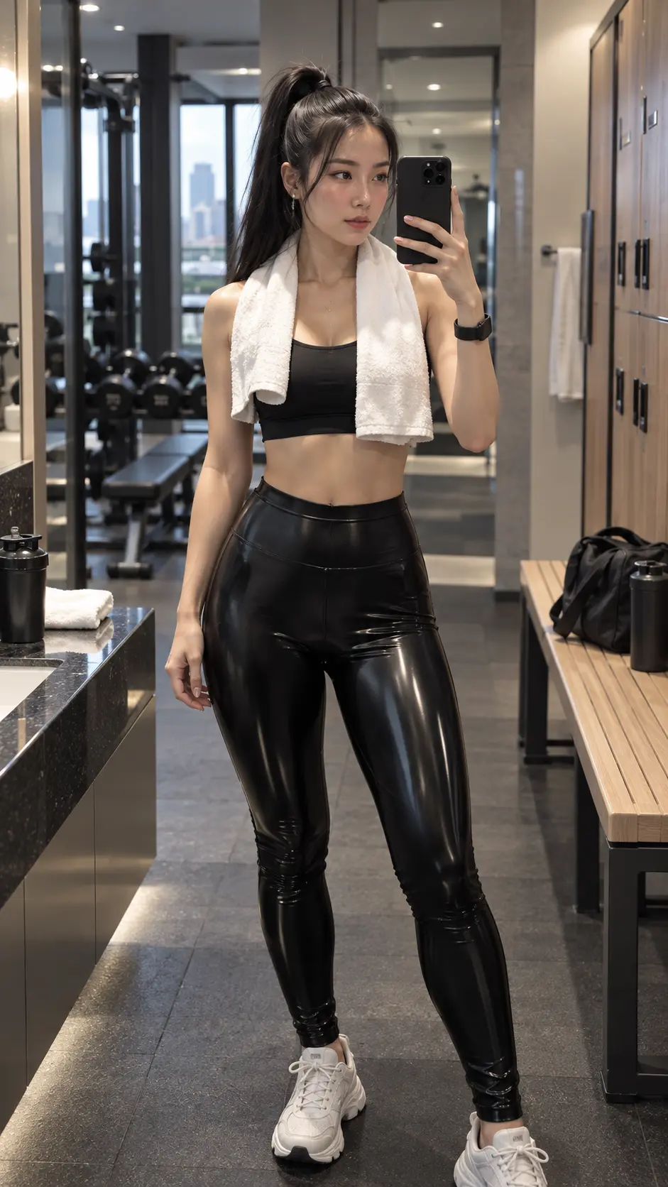 Legging bóng chụp trước gương phòng gym