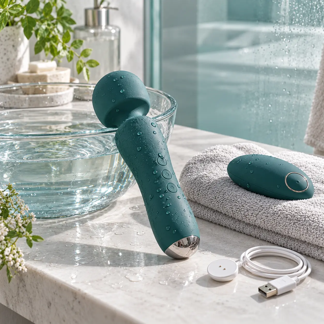 IPX7 sextoy chống nước đặt cạnh nước và khăn khô minh họa khả năng waterproof