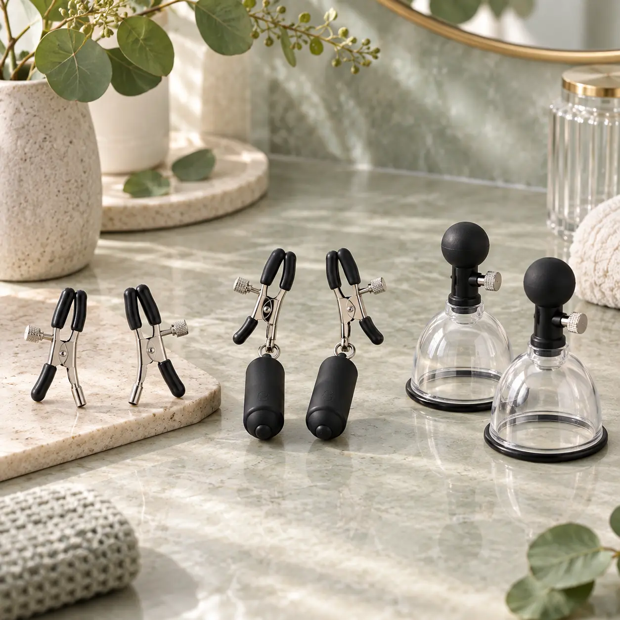 Kẹp ti kẹp ti rung và hút ti đặt cạnh nhau để so sánh nipple toy