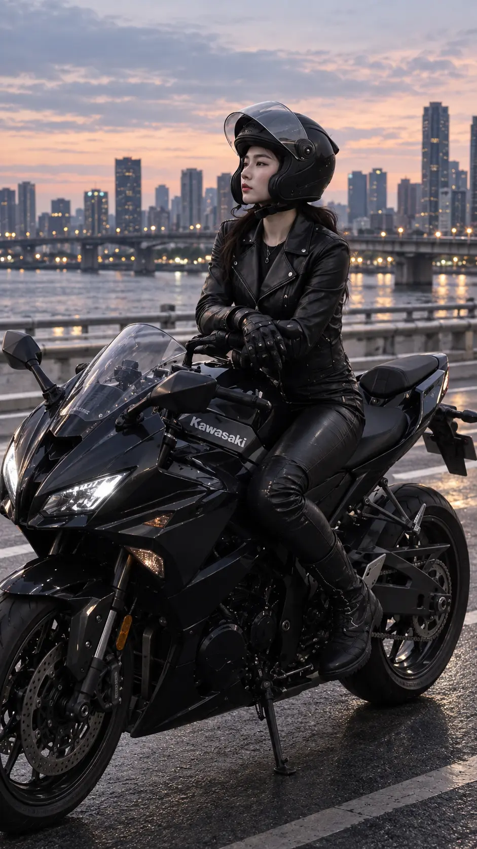 Leather biker nữ bên sportbike lúc hoàng hôn