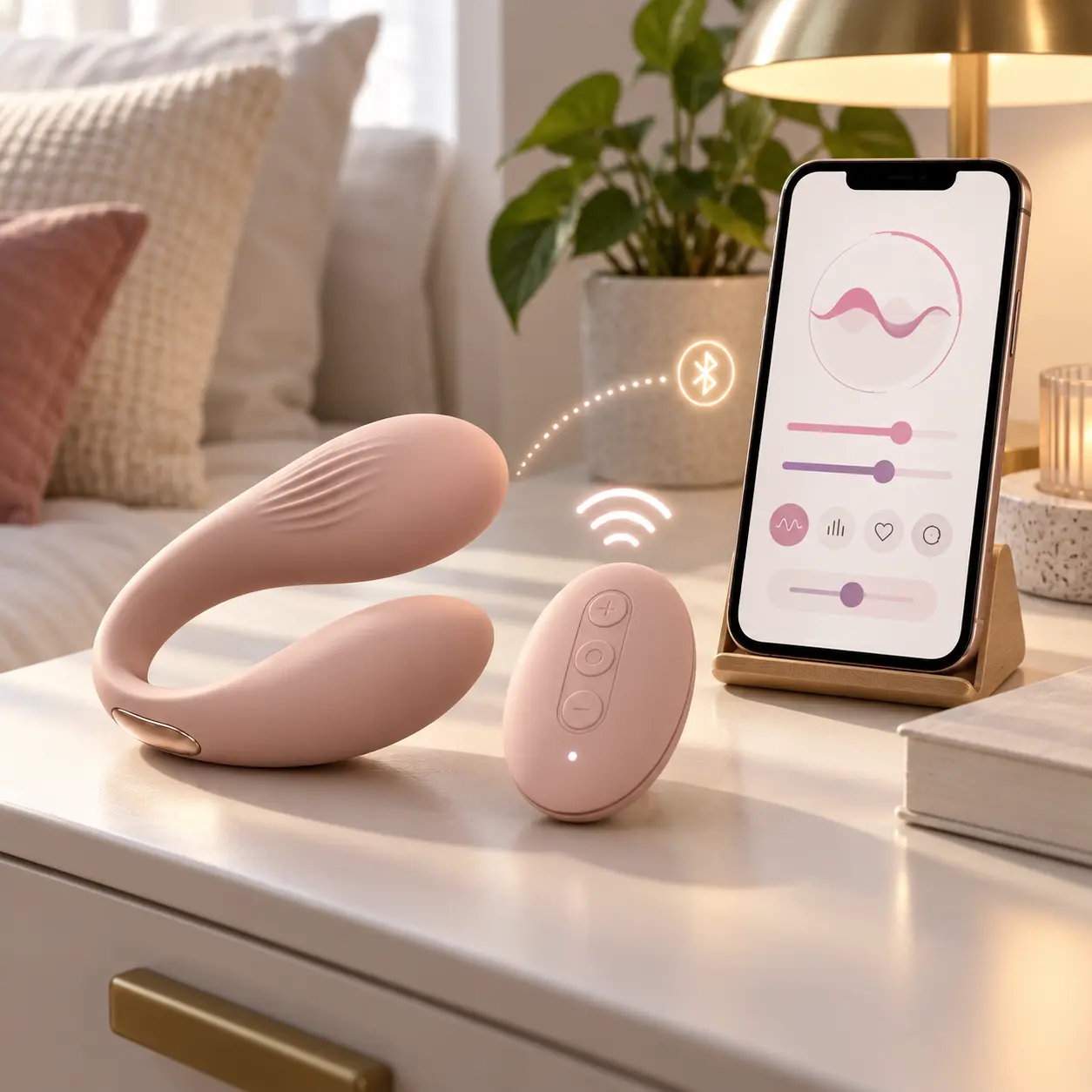 Sextoy remote và app đặt cạnh điện thoại để so sánh cách điều khiển