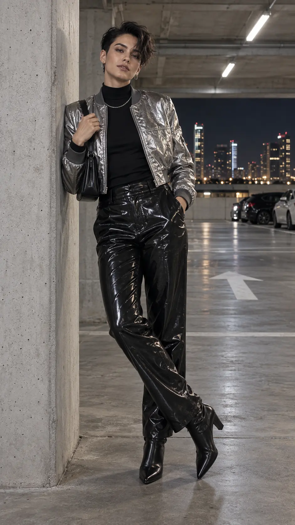 Phong cách androgynous với quần vinyl đen bóng và áo metallic