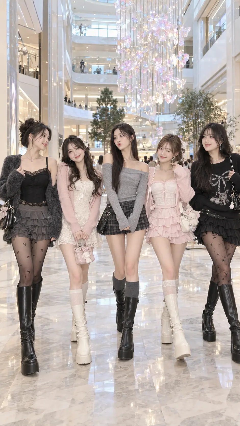Boots fetish nữ với nhóm phụ nữ mặc boots cao cổ trong soft goth fashion