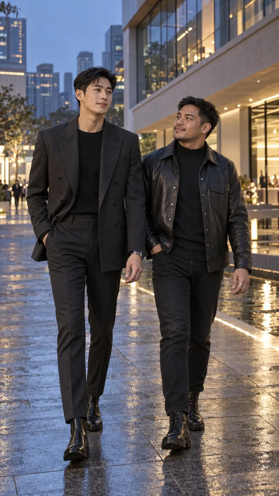 Hai người đàn ông với phong cách tailoring và áo khoác da gợi cảm hứng menswear fetish