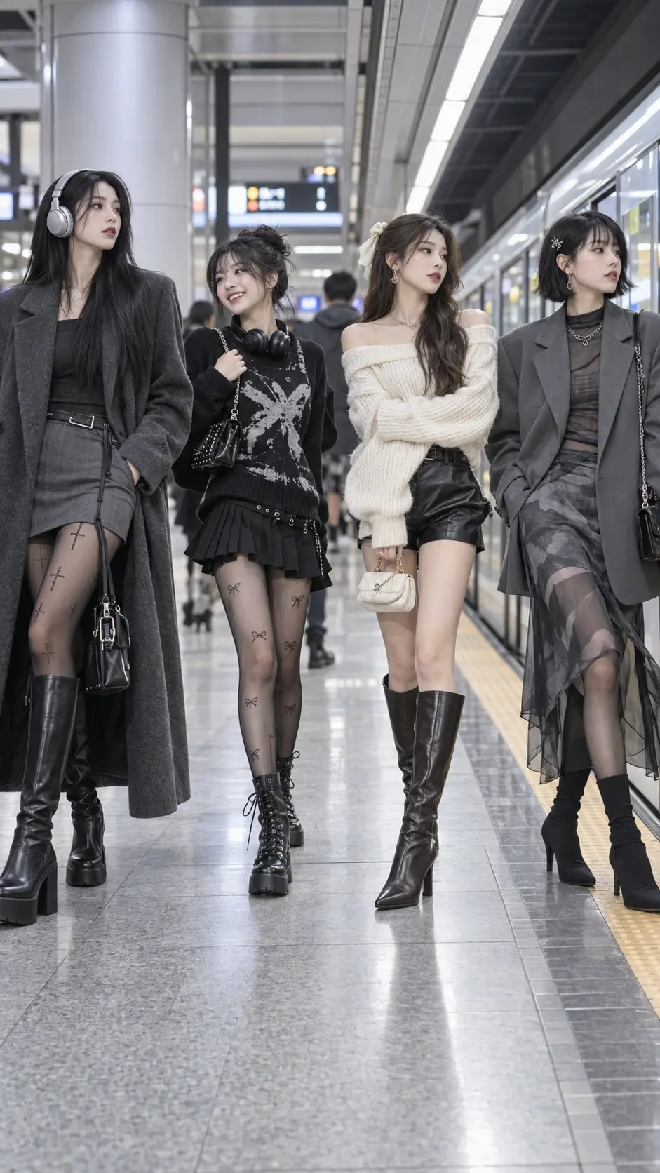 Nhóm phụ nữ mặc boots cao cổ và quần tất trong urban dark fashion