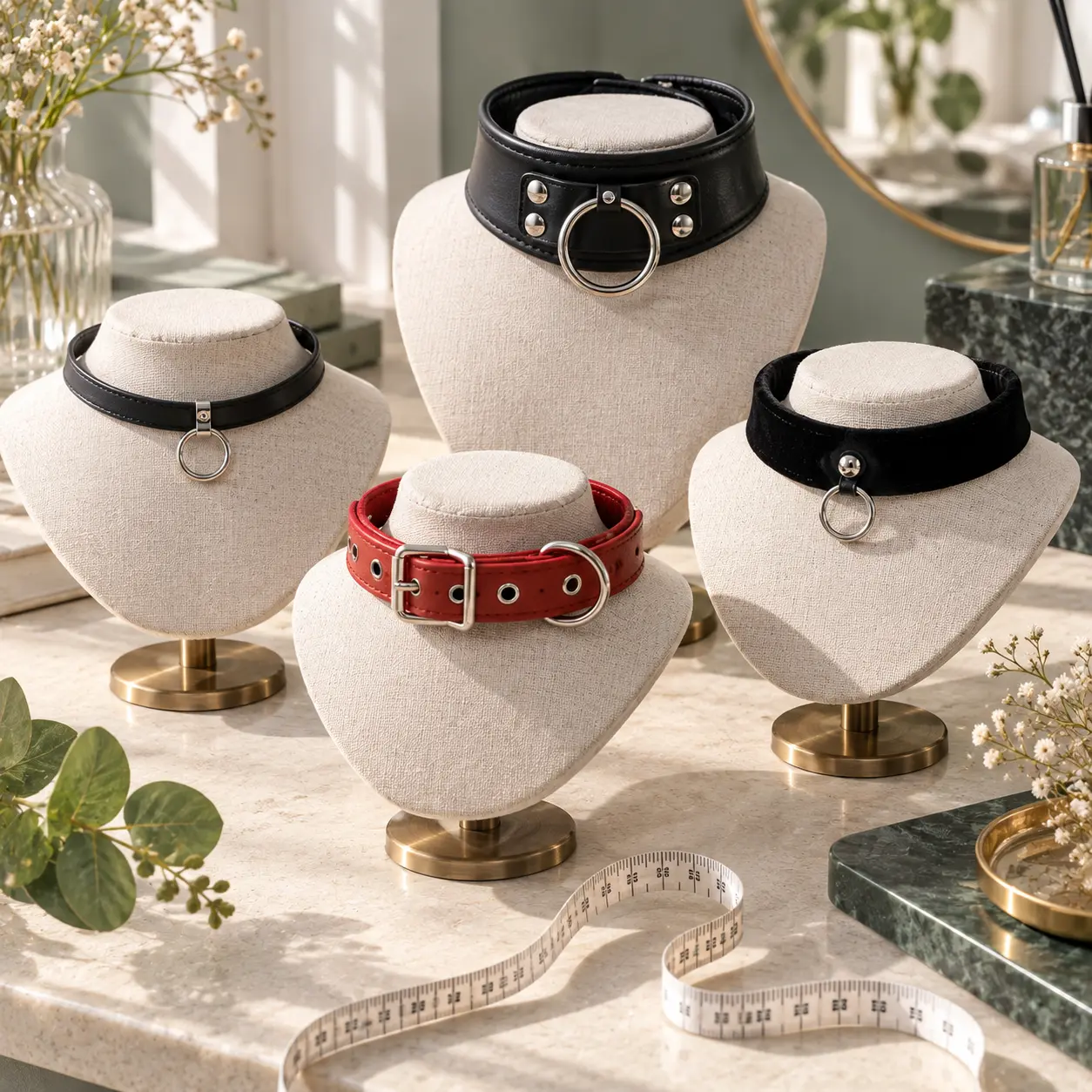 Vòng cổ BDSM và choker nhiều độ rộng kèm thước dây để minh họa cách đo size