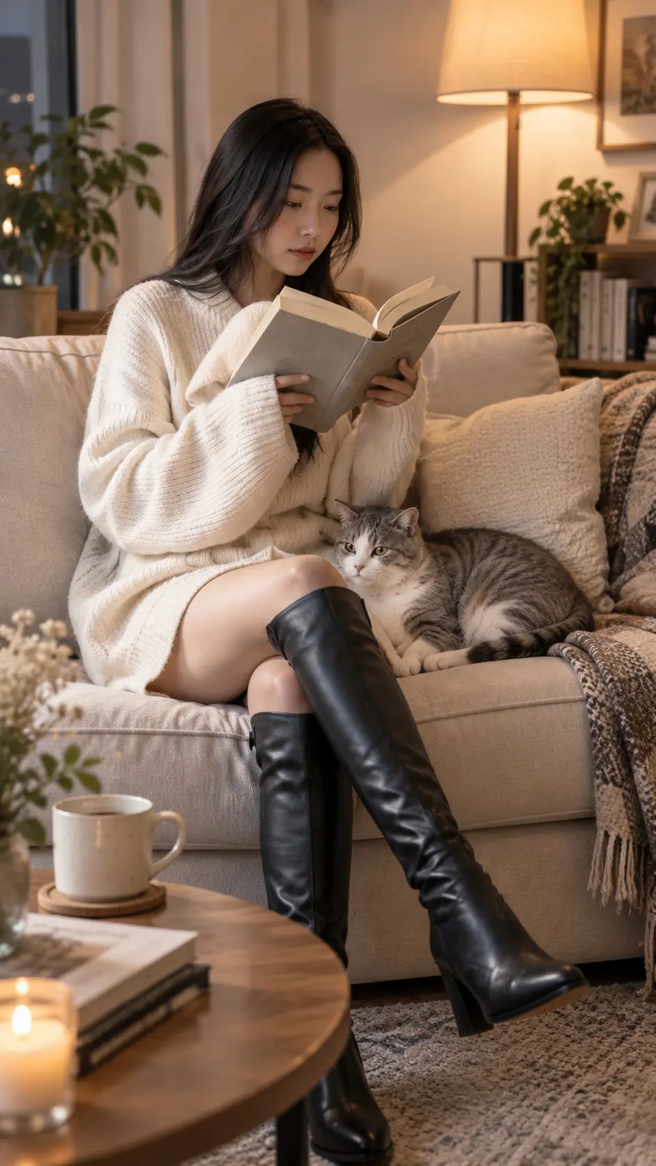 Knee high boots đen với sweater trắng