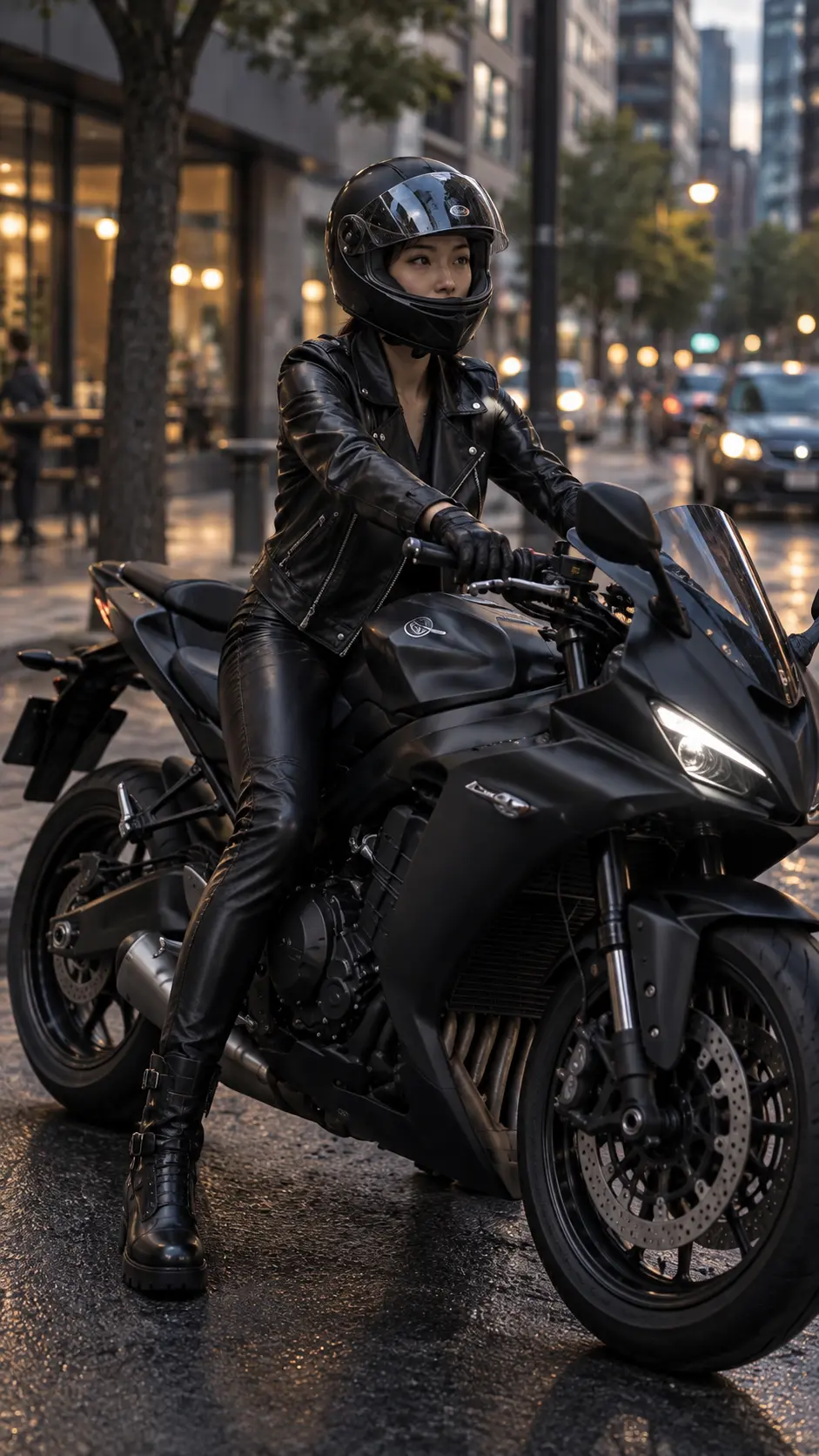 Biker nữ mặc leather trên sportbike giữa thành phố